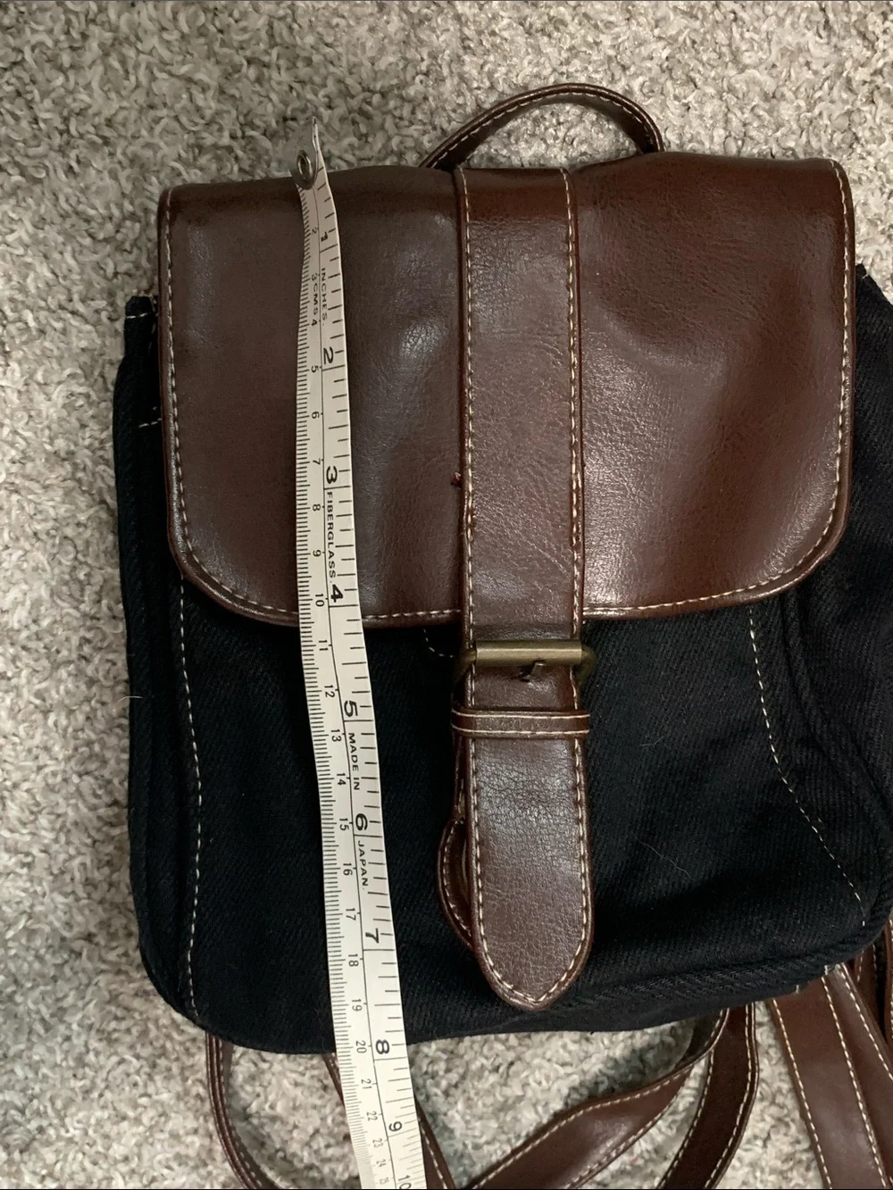 Y2K Black Canvas Square Mini Backpack with Brown Faux Leather Trim